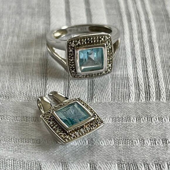 P*M .925 Sterling Silver Cushion Cut Blue Topaz Diamond Halo Ring Pendant Set - Picture 5 of 16